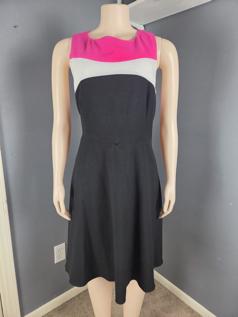 Calvin Klein Sleeveless Colorblock Midi Dress in Hot Pink, White & Black